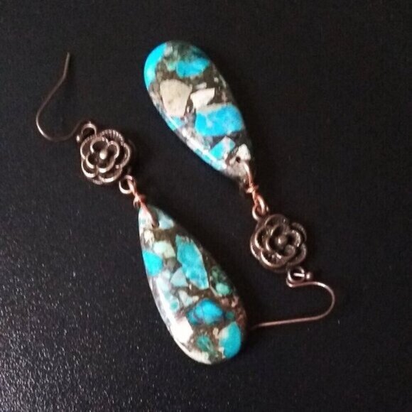 Sea Sediment Jasper & Copper Flower Dangle Earrings - Ultra Feminine + Alluring - Picture 4 of 6